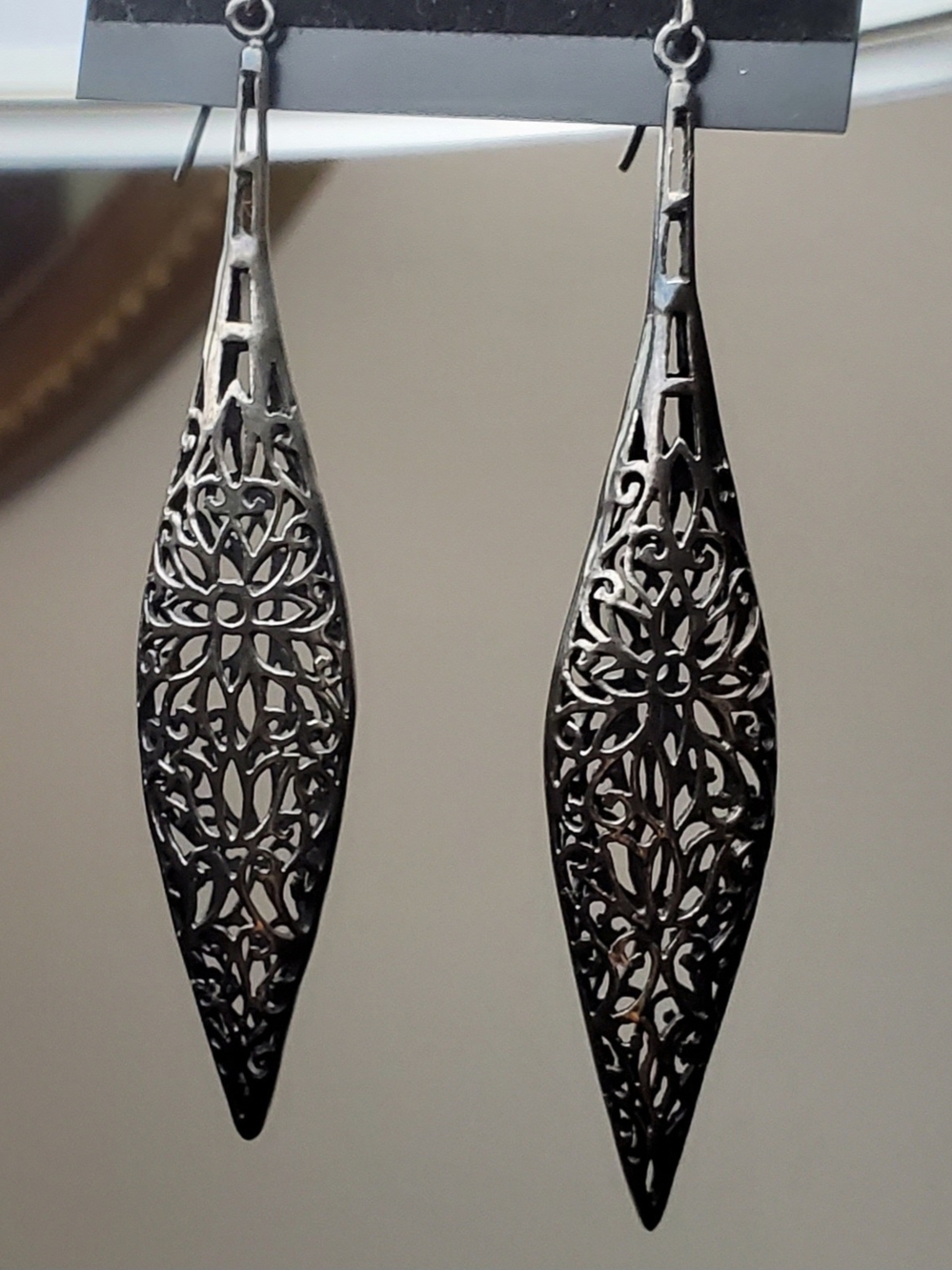 Silver Filigree Teardrop 3" Dangle Earrings